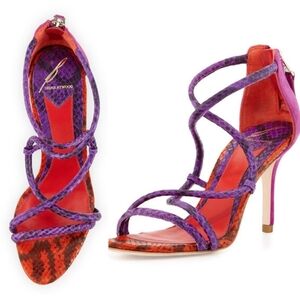 {8} Brian Atwood Estefania Snake Embossed Leather Strappy Sandal Heels